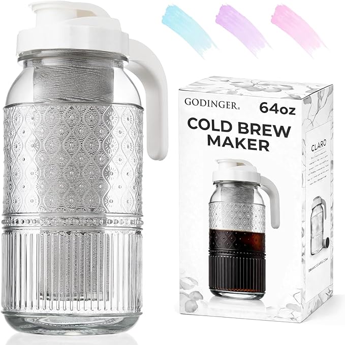 Godinger Cold Brew Coffee Maker 64 oz – Airtight Glass Mason Jar Pitcher Brewer with Leak-Proof Lid & Handle, Wide Mouth Iced Coffee Maker, Vintage Kitchen Decor