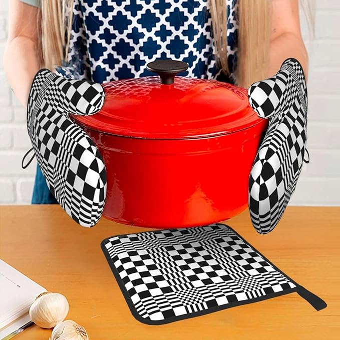 Black and White Optical Illusion Checkered Oven Mitt & Pot Holder Set (3-Piece) - Heat Resistant Non-Slip Kitchen Gloves Gift for Cooking Enthusiasts, Modern Kitchen Decor for Baking Grilling, Black