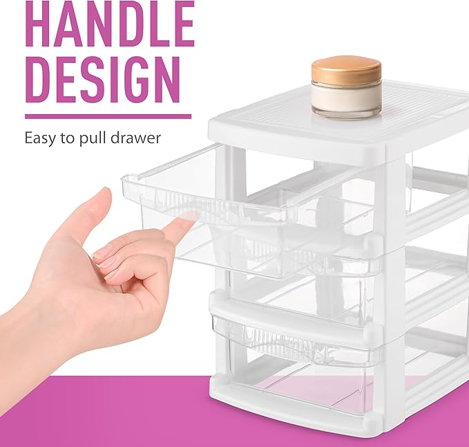 Tribello 3 Drawer Plastic Storage, Mini Drawer Unit, White Frame With Clear Drawers for Craft Storage - 8.5"L X 7"W X10"H Inches - (1 Pack)