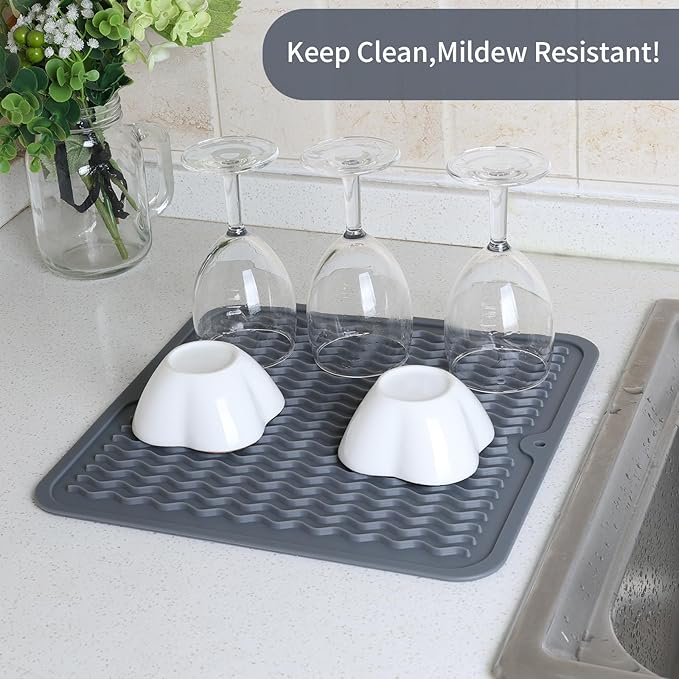 ZLR 2 Pcs Silicone Dish Drying Mat 12" x 12" Square - Small Heat Resistant Trivet & Countertop Protector for Air Fryer, Coffee Maker - Waterproof Kitchen Drain Pad for Cups, Fruit (Dark Gray)