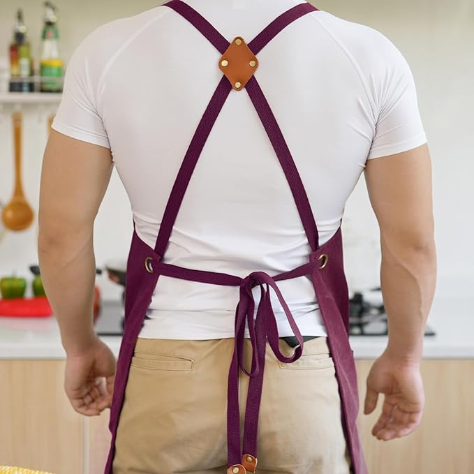 Aoomzoon Canvas Aprons for Men Chef Apron, Work Apron with Large Pockets - 16oz Heavy Duty Cross Back, BBQ, Cooking