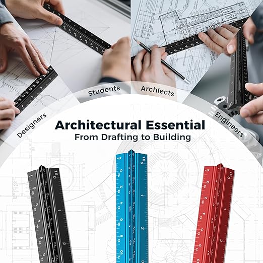 Rena Chris Architectural Scale Ruler: 12" Imperial Aluminum Alloy Metal Architecture Measuring Tools, Engineering Drafting Construction Drawing Blueprints Triangular Architect Scaling Rulers 12 Inches