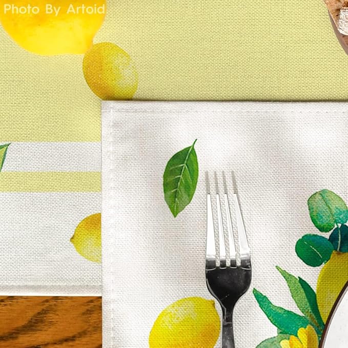 Artoid Mode Yellow Stripes Vase Lemon Summer Placemats Set of 4, 12x18 Inch Seasonal Spring Table Mats for Party Kitchen Dining Decoration
