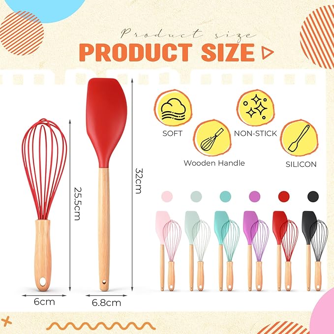 Funnymoom 24 Pcs Small Silicone Whisks and Spatulas with Wooden Handle for Cooking 10 Inch Mini Whisk Spatula Non Stick Kitchen Baking Essentials Cookware for Valentines Day Party Favor Gift Supplies