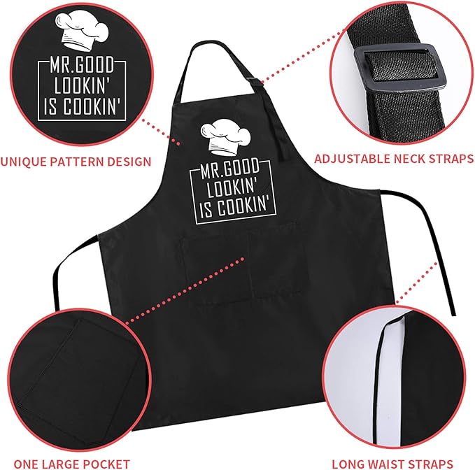 Rosoz Funny BBQ Black Chef Aprons for Men, Mr Goodlookin' is Cookin', Adjustable Kitchen Cooking Aprons with Pocket Waterproof Oil Proof Father’s Day/Birthday