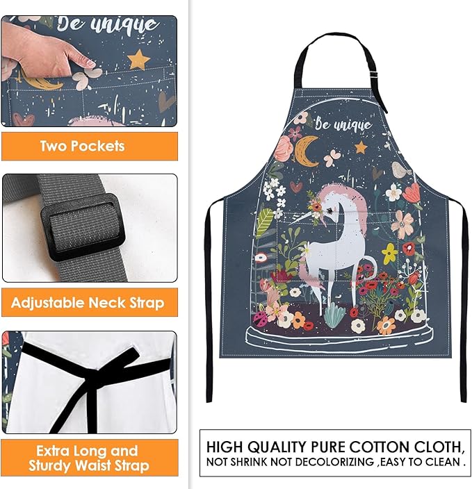 Britimes Apron Home Kitchen Cooking Baking Gardening for Women Men with Pockets Unicorn Be Floral Moon 32x28 inch