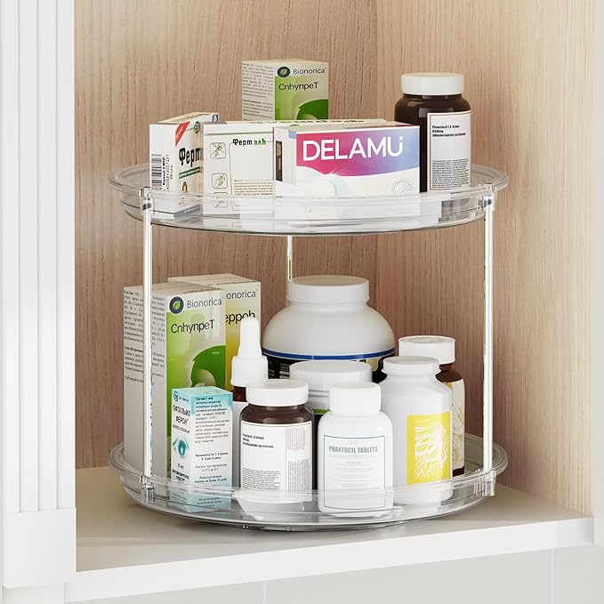 2 Pack 2 Tier Lazy Susan Organizer, 9.25'' Lazy Susan Turntable for Cabinet, Stackable Turntable Organizer Rotating Spice Rack Organization for Kitchen Countertop, Pantry, Bathroom, Clear