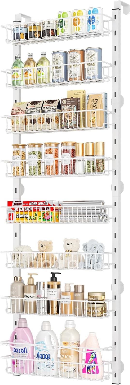 MIAOLI Over the Door Pantry Organizer, 8-Tier Adjustable Spice Rack Cabinet Door Shelves, Hanging Seasoning Organizer for Kitchen Bathroom, Laundry Room Organization, White