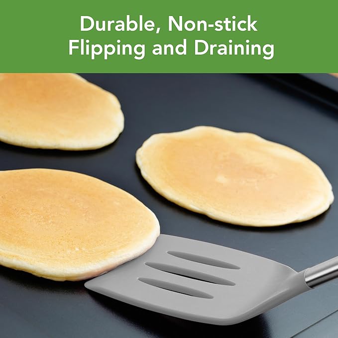 Tovolo Slotted Silicone Spatula Turner Slotted Stainless Steel Handle 10" Black Heat Resistant Non Toxic BPA Free Kitchen Utensil, Scratch Resistant Silicone Pancake Flipper Turner for Cooking