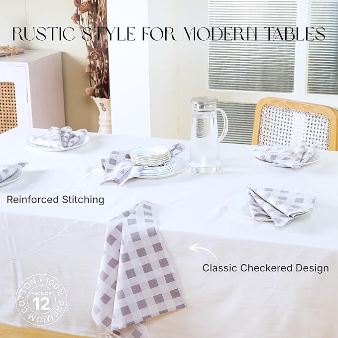Cloth Napkins Set of 12, 100% Cotton Reusable Gingham Printed Dinner Napkins, 18x18 Inch Washable Table & Kitchen Napkins for Home, Dining, Entertaining – Cloud Gray & White
