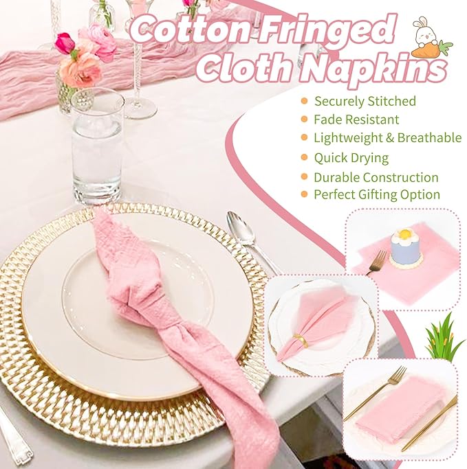 Showgeous 10 Pack Pink Cloth Napkins with Fringe 16x16 inch 100% Cotton Pink Napkins Handmade Dinner Napkins Bulk Washable Soft Rustic Table Napkins for Wedding Parties Bridal Baby Shower