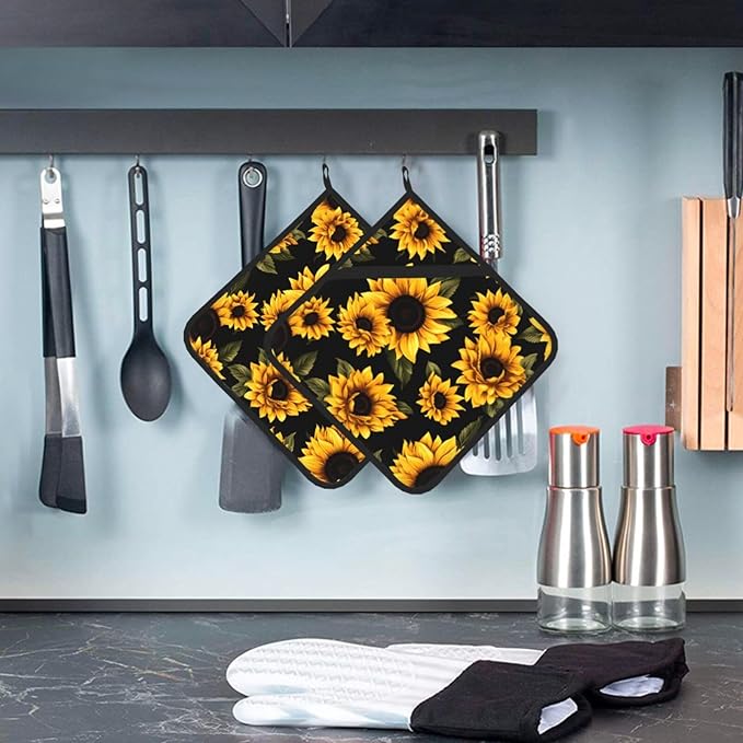 2Pcs Yellow Sunflowers Pot Holders for Kitchen Clearance Heat Resistant Hot Pads for Cooking Baking Grilling