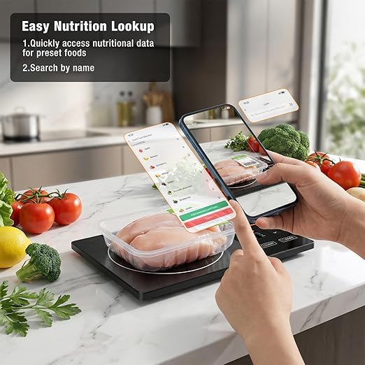 Smart Nutrition Food Scale with TFT Display, Diyife Kitchen Scale with Nutritional Calculator, Calorie, Fat, Carb, Protein Tracking, 50 Food Preload, Support for App Customization, Battery-Powered