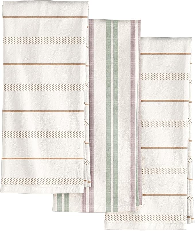 Miss Adola Neutral Flour Sack Kitchen Towels - 3 Pack 18"x 26" Cotton Farmhouse Fast Drying Decorative Hand Tea Towel Dishcloth with Hanging Loop for Home Decor Housewarming Gift, Striped