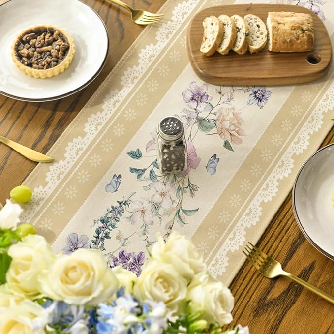 Artoid Mode Yellow Printed Lace Floral 210 GSM Spring Table Runner, Seasonal Summer Kitchen Dining Table Decoration for Home Party Decor 13x72 Inch