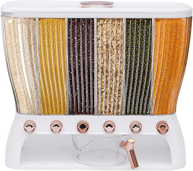 6 Grids Grain Dispenser Can, Cereal Rice & Grain Storage Container 6 Grid Beans Dispenser with Measuring Cup Wall mounted Dry Food Grain Dispenser for Grains Rice Dry Food Beans (White and Gold)