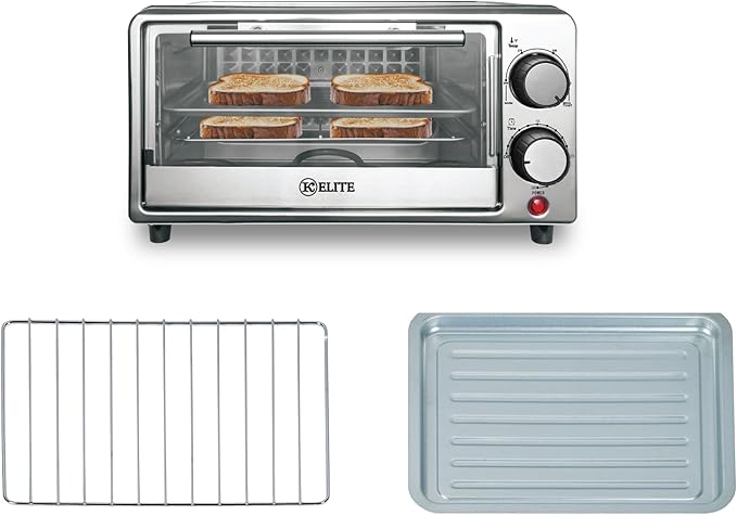 Kitchen Elite 4-Slice Toaster Oven, Compact Countertop Appliance with Bake Tray, Wire Rack, Adjustable Timer, and Temperature Control, Black