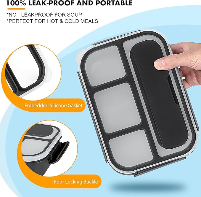 Yumuk Bento Box Adult Lunch Containers, 5 Cup Box with 4 Compartments &Spork &Sauce Box, Leak-Proof, Microwave/Dishwasher Safe(Black)
