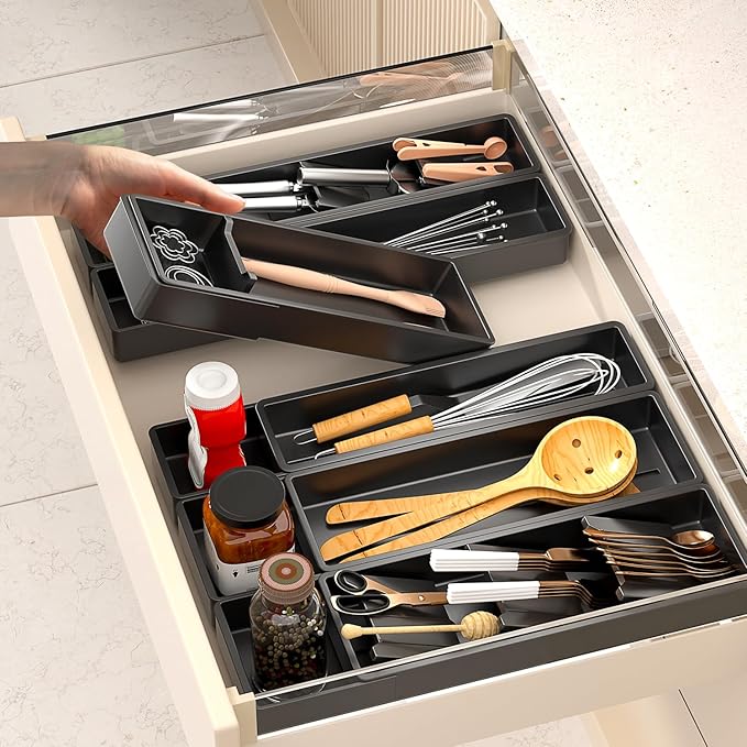 Silverware Drawer Organizer with Expandable Panel & Removable Dividers – Fits 15.67" to 21.18" Kitchen Drawers, Space-Saving Utensil Storage Solution (SPACE BLACK, W8.66 x L15.7 inches)