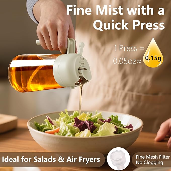 SWEET VIEW 2PCS Oil Sprayer for Cooking, 16oz/470ml Glass Oil Dispenser/Pour Bottle, Kitchen Accessories, Kitchen Gadgets for Air Fryer, Salad, BBQ, with Stickers (Green,White)