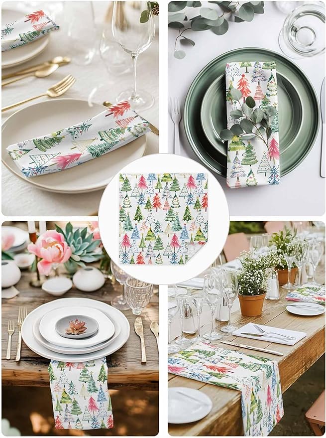 Christmas Tree Cloth Napkins Set of 6, Green Pink Blue Xmas Trees Washable Dinner Napkins Colorful Cartoon Plant Table Reusable Napkin for Home Party Wedding Dining Table Decoration, Oversized 20"x20"