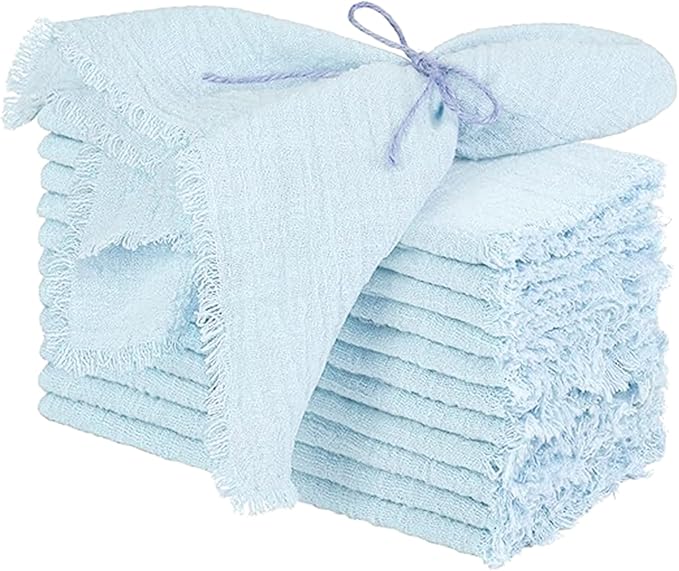 Cotton Blend Fringe Cloth Napkins - Crinkle Gauze Dinner Napkins, Reusable & Washable Table Napkins, 17" x 17" (43 x 43 cm), Multiple Colors, 12/24/48/100 Pack (12, Light Blue)