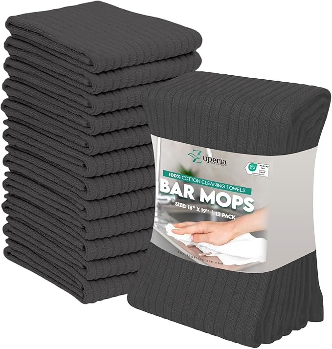 ZUPERIA Bar Mop Kitchen Towels - Pack of 12 (16" x19”) 100% Ring Spun Cotton - Dish Washcloths for Superb Cleaning and Less Lint - Highly Absorbent Dish Cloths and Dish Towels for Everyday use (Grey)