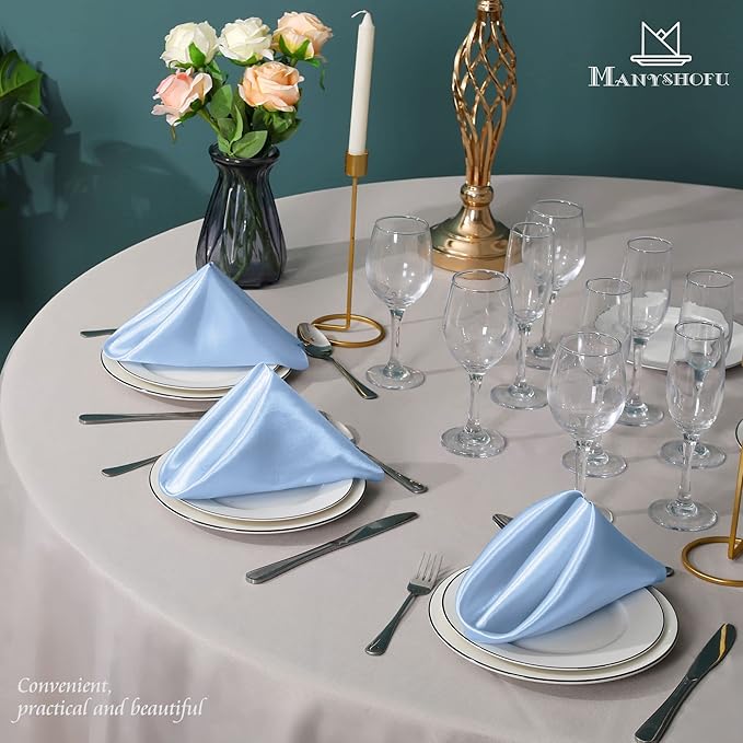Manyshofu 60 Pieces Baby Blue Satin Napkins - 20x20 Inches Cloth Napkins, Square Satin Fabric Napkin Set - Soft & Reusable Table Napkin for Wedding Dinner Party Lunch