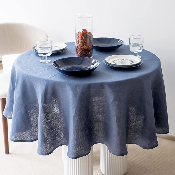 Simple&Opulence Textured Tablecloth 100% Linen Table Cloth, Kitchen Dinning Tabletop Decoration, for Outdoor and Indoor Use (Round Classic Blue, 60")