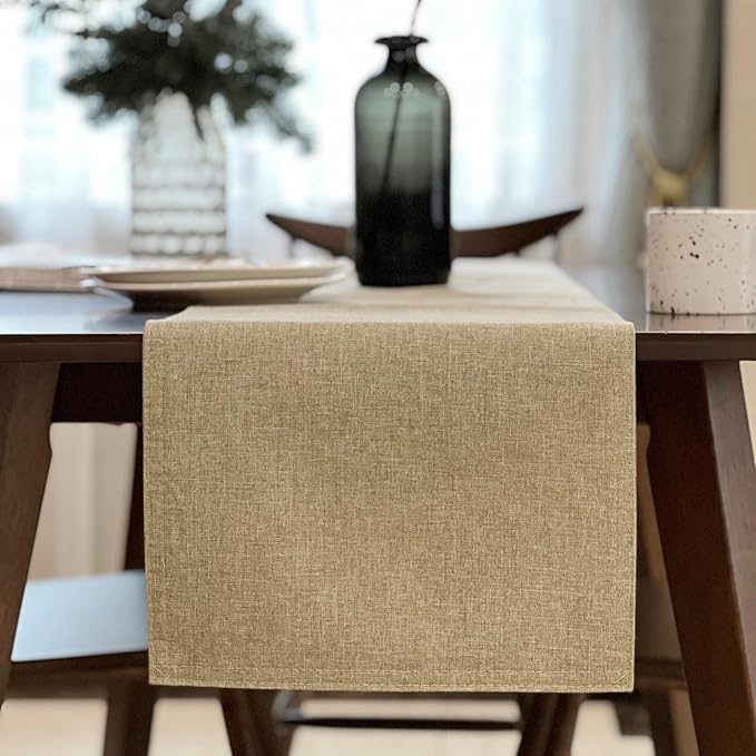 Table Runner and Placemats Set of 6 for Kitchen Dining Table Farmhouse Style Thick Linen Double Layer Heat Resistant Washable Place Mats Set/ Beige