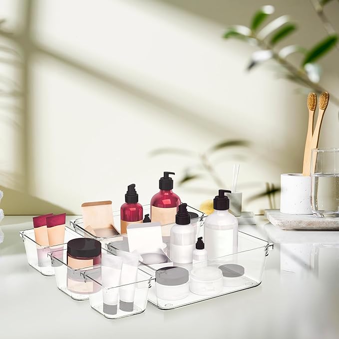 6 Pack Drawer Organizer - 3" X 6" Clear Acrylic Storage Bins with Non-Slip Pads, Versatile Desk Tray for Makeup, Jewelry, Kitchen, Bathroom, and Office Organization