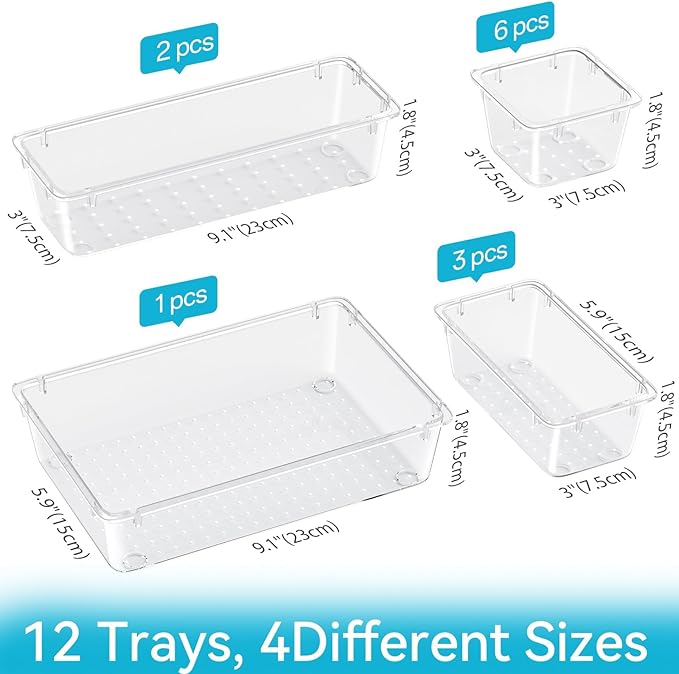 ElegantArray 12 PCS Drawer Organizer Set, 4 Sizes Tool Storage Trays, Clear Plastic Makeup Vanity Organizer and Storage Bins for Makeup, Stationeries, Multiple Gadgets for Bathroom, Office, Bedroom