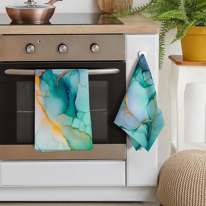 Teal Gold Kitchen Towel Set of 4 Soft Absorbent Marble Texture Turquoise Decorative Hand Towels Abstract Modern Dish Towels for Kitchen Drying Farmhouse Home Decor 16"x24"