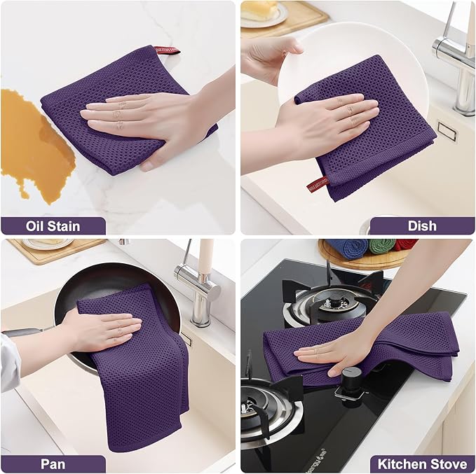 Homaxy 100% Cotton Kitchen Towels and Dishcloths Set, 12 x 12 Inches and 13 x 28 Inches, Set of 8 Bulk Kitchen Towels Set, Ultra Soft Absorbent Dish Cloths for Washing Dishes, Eggplant