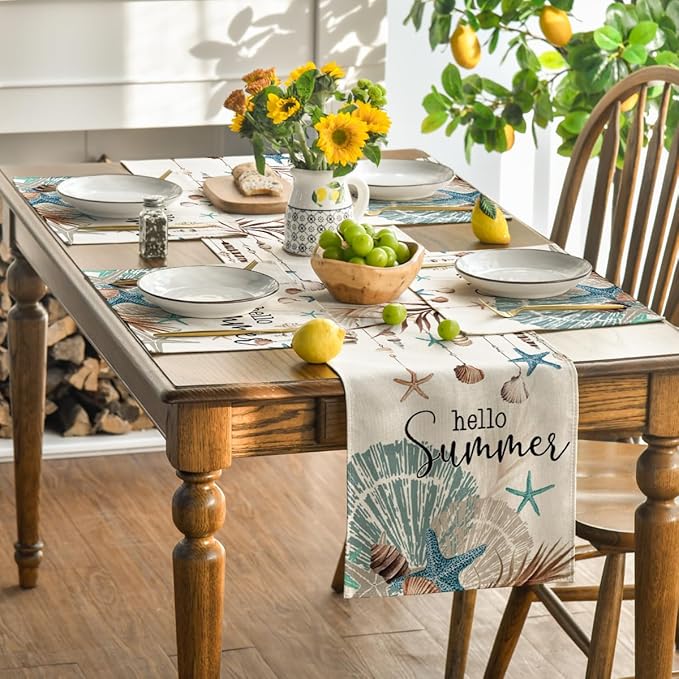 Artoid Mode Sunshine Starfish Shell Summer Placemats Set of 4, 12x18 Inch Seasonal Spring Holiday Table Mats for Party Kitchen Dining Decoration