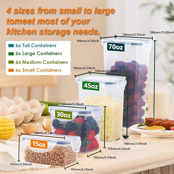 48 PCS Airtight Food Storage Containers with Locks (4 Sizes) - BPA-Free Plastic Kitchen & Pantry Organizers, Stackable Leakproof Containers for Flour, Sugar, Cereal,Snack,Pet,Meal Prep