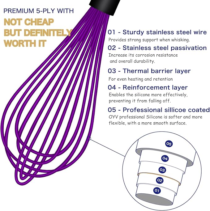 OYV Dishwasher Safe Purple Silicone Whisk, Sealed Waterproof Design Set of 3, Professional Kitchen Whisks for Cooking Non-Scratch, Silicone & Stainless Steel Whisk, Heat Resistant Balloon Egg Beater