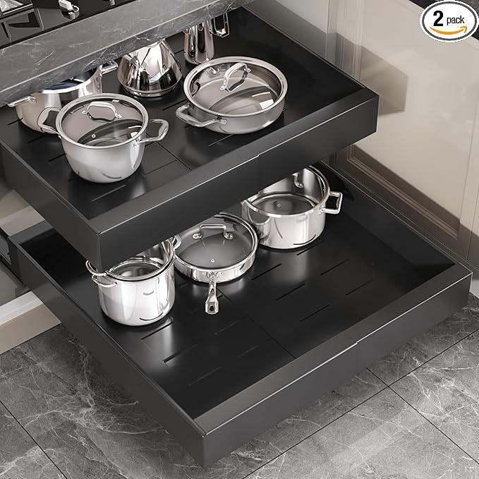 Seinloes 2 Pack Pull Out Cabinet Organizer 22" Deep,Full Extension 3 Slide Rails Slide Out Drawers With Raising Pad for Framed Cabinets,Expandable Width (12.3"-20.5"),No Drill Roll Out shelf,Black