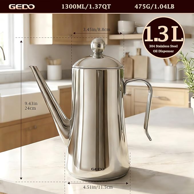 GEDO 304 Stainless Steel Oil Dispenser, Eagle Beak Drip-Free Spout Oil Pot with Extra Wide Mouth & Air Vent Lid, Large Capacity for Kitchen Cooking & Outdoor Grilling (1.37QT / 1300ml)