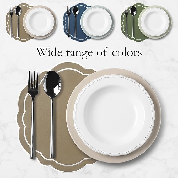 Round Placemats Set of 4, Cotton Linen- Double Layered, Luxury Scalloped Embroidered Cloth Table mats, 16 inch, Washable Fabric Dining Placemat (Beige)