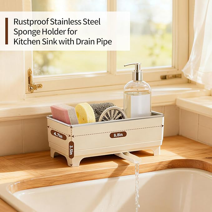 Sponge Holder for Kitchen Sink – Rustproof Stainless Steel, 360° Rotating Drain Pipe, Large Counter Organizer with Drip Tray for Sponges, Brushes & Dish Cloths Off-white