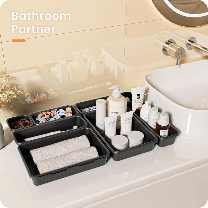 【𝟮𝟴𝗣𝗖𝗦】 【𝟱𝗦𝗶𝘇𝗲】 Black Drawer Organizer, Makeup organizer, 【Holds 177 Items】 Bathroom Organizers and Storage, Plastic Desk Organizer Divider, Organizer Bins for Office Vanity A-LUGEI