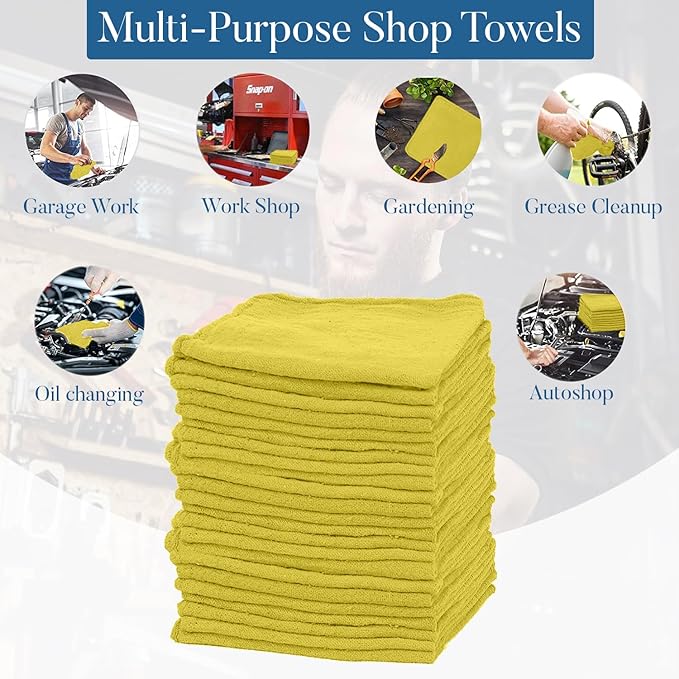 DAN RIVER Shop Towels, 50 Pack Commercial Use Yellow Terry Cloth Rags for Cleaning Cars & Household Surfaces – Well Absorbent, Reusable Cleaning Rags & Wash Clothes – Washable Towels