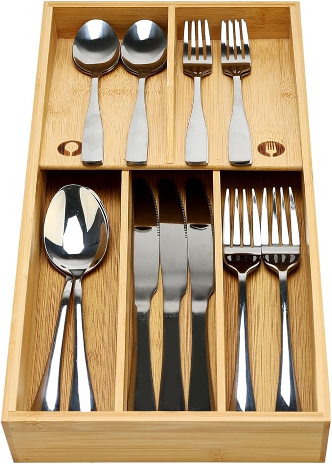 Hilislog Bamboo Silverware Drawer Organizer Cutlery Tray for Drawer Wood Kitchen Utensil Tray Flatware Caddy Cutlery Holder Utensil Drawers Organizer for Spoon Fork Knives Wooden Silverware Trays