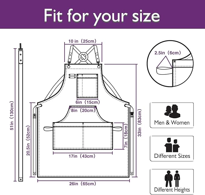Kitchen Apron, Work Apron, Canvas, Multiple Pockets, Gardening, Painting, BBQ, Artist, Carpenter, Sizes M to XXL, Purple