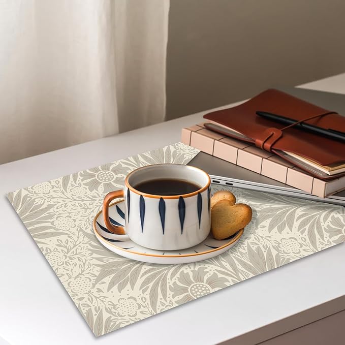 Set of 4 Floral Leaves Design Placemats, 12 x 18 Inch Rectangle Table Mats, Modern Linen Fabric Placemat for Indoor & Outdoor Kitchen Dining Home Decor -02