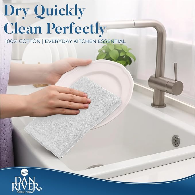 DAN RIVER Kitchen Bar Mops,Pack of 12,16 by 19 Inches,100% Cotton Super Absorbent,Multi-Purpose Cleaning Towels for Home and Kitchen Bars-White
