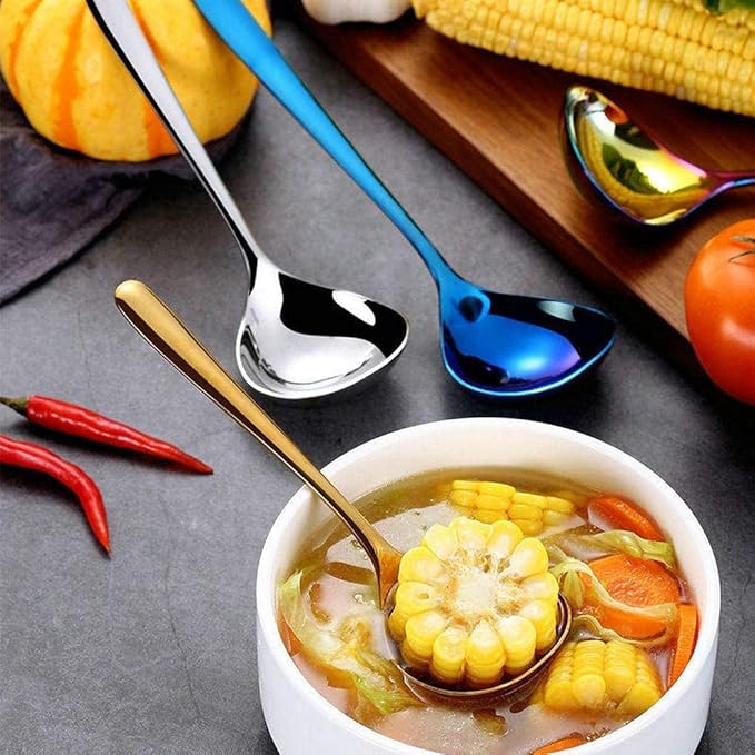 Comicfs 2 Pack Gold Gravy Ladle, SUS 304 Stainless Steel Soup Ladle, Small Soup Ladle, Sauce Ladles, Small Serving Ladles for Stirring, Mirror finished Soup Spoon and Dishwasher Safe 8-Inch (Gold)