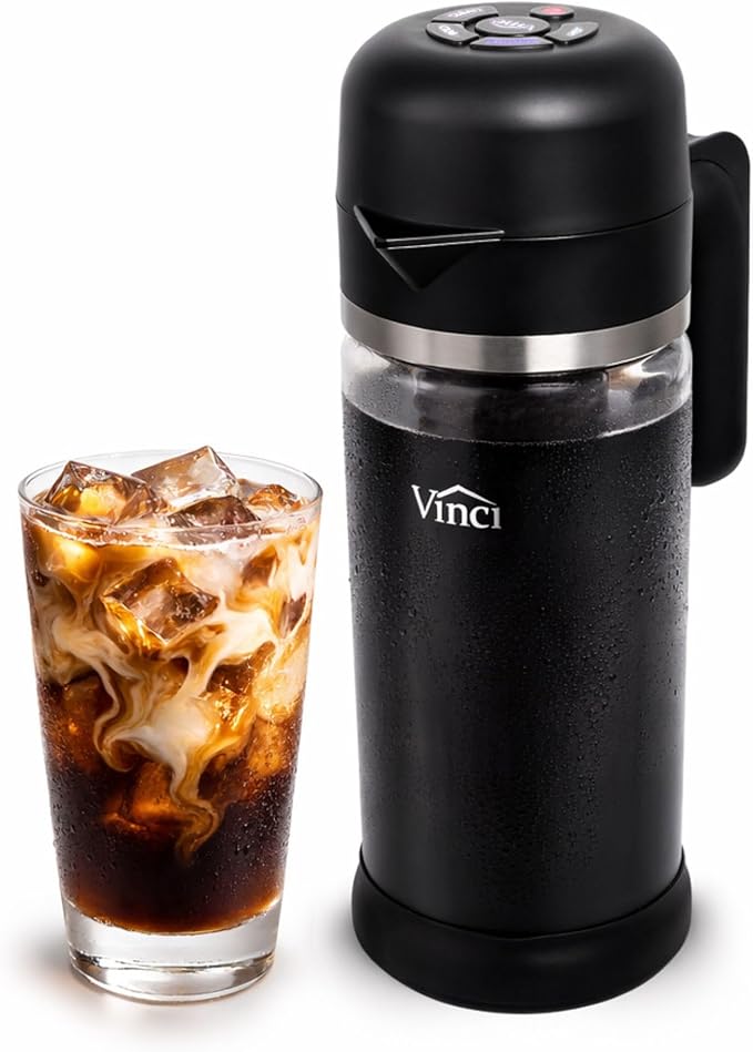 VINCI Express Cold Brew, Electric Cold Brew Coffee Maker in 10 minutes, Glass Carafe, 3 Brew Strength Settings & Cleaning Cycle, Easy to Use & Clean, Cold Brewer for Iced Coffee, 1.4 L