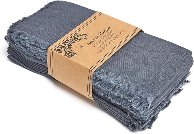 ACCENTHOME Cotton Grey Linen Napkin Set of 6 18x18 inch Dinner Napkins - Washable Soft Premium Hotel Quality Reusable Napkins Perfect Table Napkins for Family Dinners, Weddings & Everyday Use, Gray